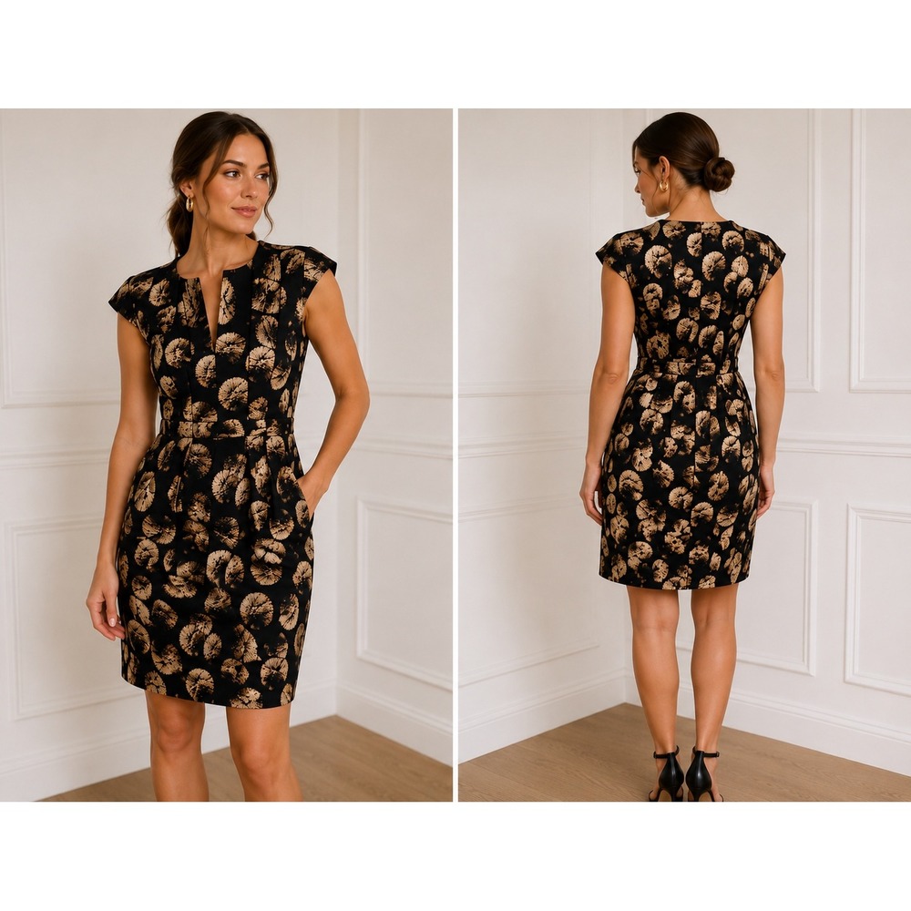 Halston Heritage Sheath Dress 8 Black Gold Print Cap Sleeve Cocktail Luxe